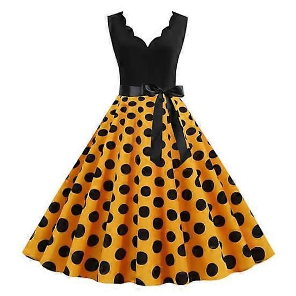 Naisten Midi Edge V-kaula-aukko Korkea Vyötärö Nauhallinen Tiukka Mekko Kukka Rusetti Koriste Hihaton A-linjainen Löysä Helma Pilkkupainatus Retro 50-luku yellow S