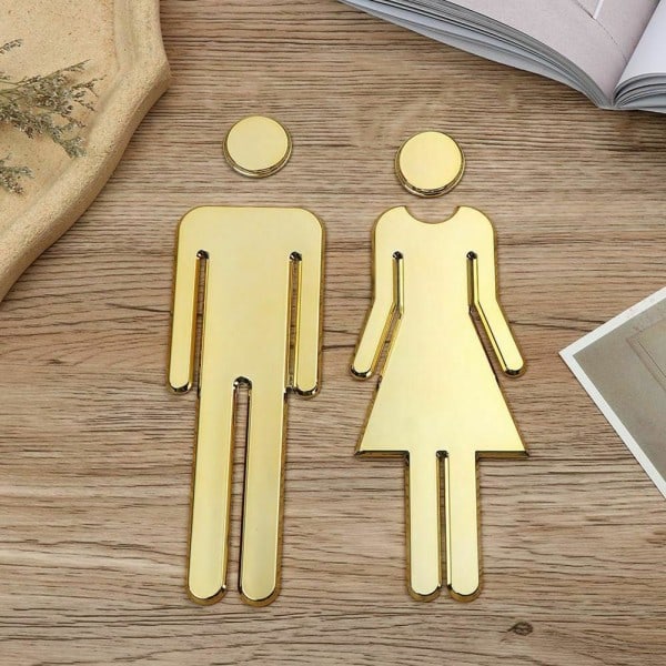Toalett WC-skylt i 3D för damer och herrar, badrumstoalett, dörrdekal, guld, one size