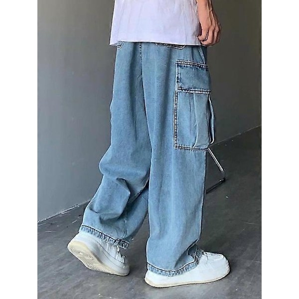 JWL-Denim Bukser Herre Jeans Denim Cargo Bukser Baggy Wide Leg Jeans Casual Efterår Vinter Koreansk Streetwear Hip Hop Cowboy 113 blue M