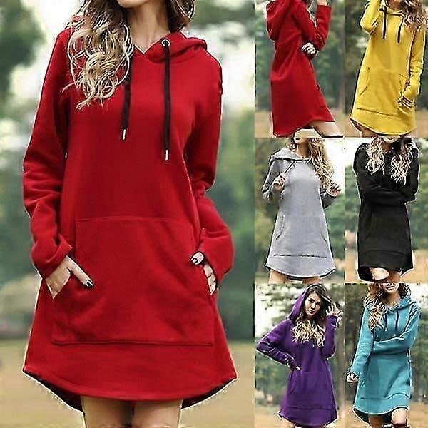 Lang hættetrøje kjole til kvinder Plus Size Langærmet Hættetrøje Sweatshirt Dame Casual Pullover red S
