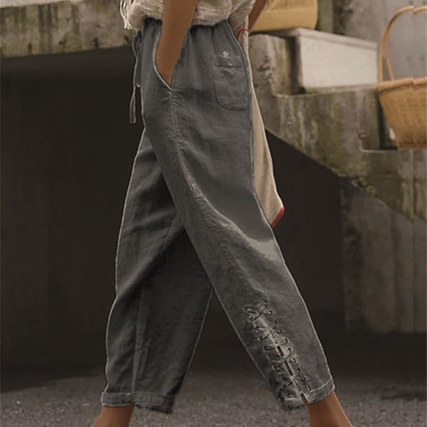 Afslappede bukser med elastisk talje, snøre, lommer, bandage ved manchetterne, ensfarvede sommerbukser til kvinder, streetwear Light Grey L