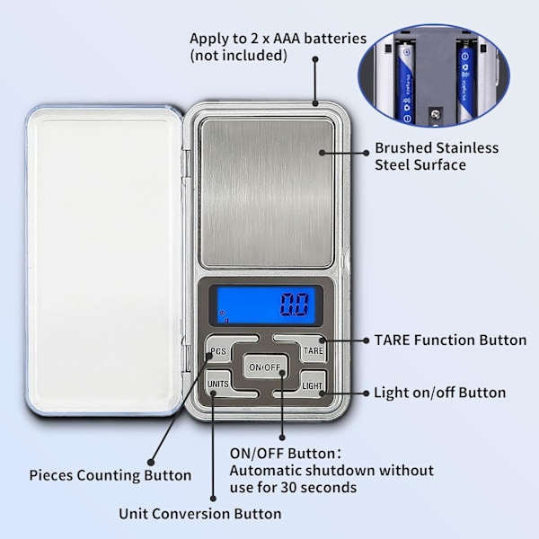 Digital fickvåg, bärbar våg med hög precision, minivåg för mat (0,01 g x 500 g)