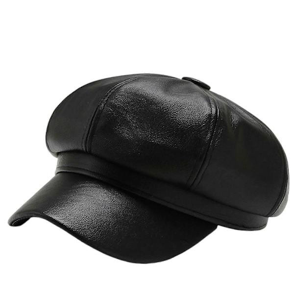 Dam Vår Sommar Basker Retro Enfärgad Konstläder Kort Skärm Dekorativt Solskydd Anti-UV Andningsbar Dam Målarhatt Unisex Åttakantig Mössa Black