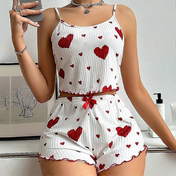 Dam Hemmakläder Kärlekstryckta Linne Shorts Tunn Ribbstickad Utekläder Europeiska och Amerikanska Dam Pyjamas Red And White L