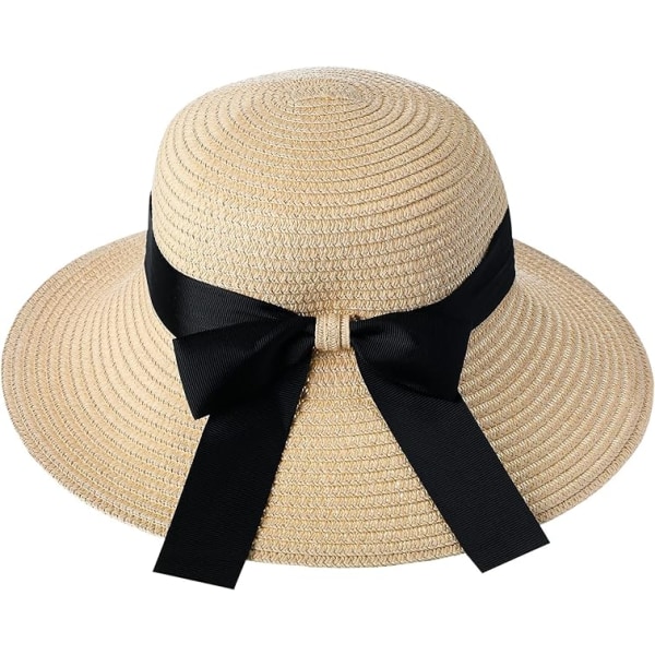 Dame Solhat Sommerhat med Sløjfe Foldbar Hat Bred Skygge Floppy Strandhat Ferie Halmhat