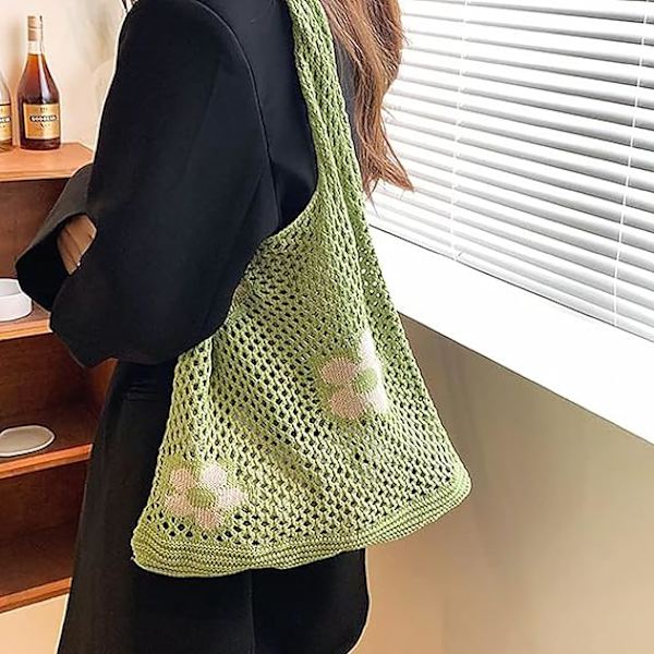 Kvinners heklede håndvesker sommer strand vevde vesker boho strikkede skulder vesker blomster shopping reise casual vesker for festivaler