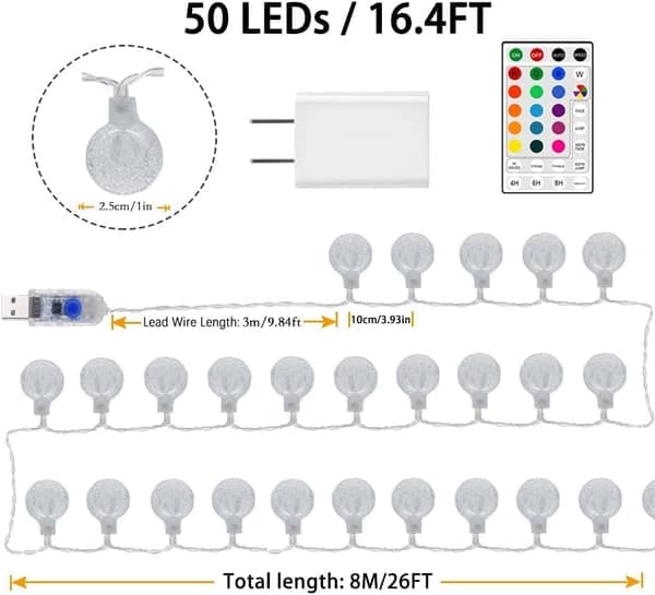 Farveskiftende Globus lyskæde med USB-stik, 5 meter 50 LED-lys