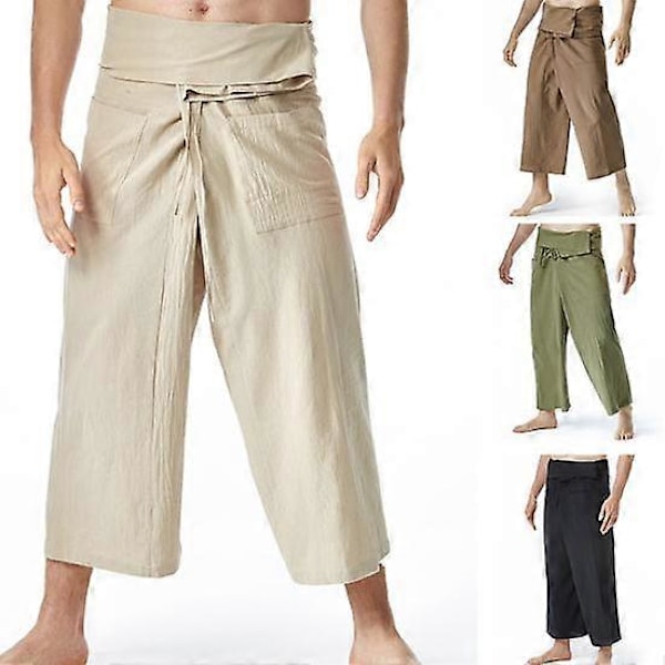 Thai Fisherman Bukser Stilfulde Ensfarvede Hør Yoga Bukser Løstsiddende Herre Yoga Bukser Thai Fisherman Bukser Hverdag coffee