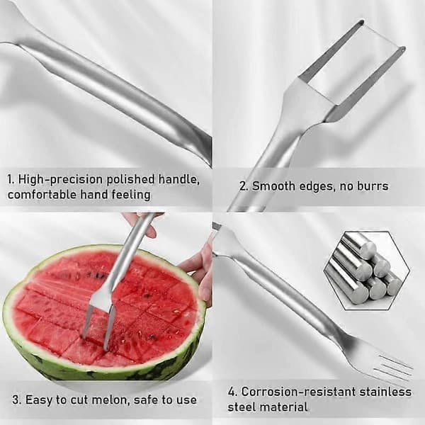 2-i-1 fruktkutter i rustfritt stål, vannmelon vindmøllekutter, grønnsakskutter, dobbelthodet fruktgaffel (3 deler)