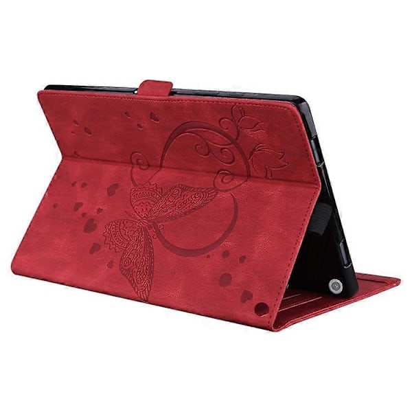Amazon Fire HD 10 Plus 2021 / HD 10 2021 -laitteelle sopiva vaaka-asennossa avattava nahkainen suojakotelo, jossa on rakkausperhonenkuvio ja teline Red