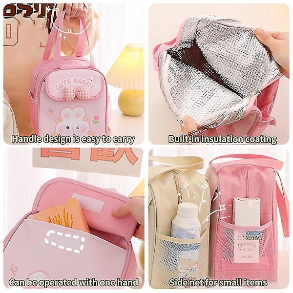 Kawaii Lunchväska För Flickor Söt Lunchlåda Isolerad Väska Återanvändbar Tygväska För Varm Eller Kall Mat Beige