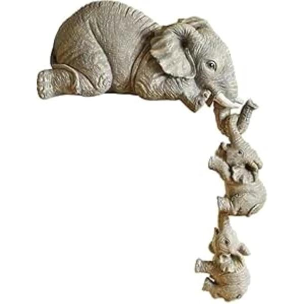Samlarobjekt Elefant Hylla Sitter 3 st Set, Moder Elefant Hänger Bebis Elefanter på Kanten, Kamindekoration, Handmålade Hartsfigurer