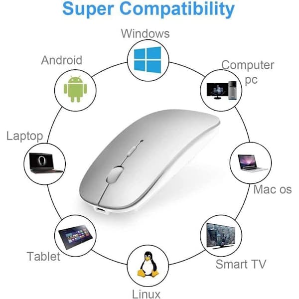 Trådløs Bluetooth Mus - Sølv - Lydløs - Genopladelig - 3 DPI Niveauer
