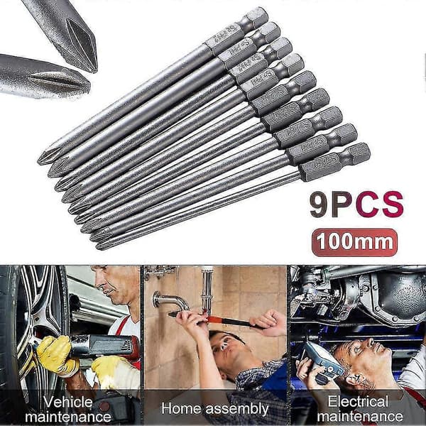 9 stk. S2 Stål 100mm 1/4 tommers Hex Magnetisk Ph1 Ph2 Krysshode Skrutrekker Bits Sett