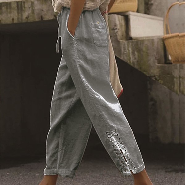 Afslappede bukser med elastisk talje, snøre, lommer, bandage ved manchetterne, ensfarvede sommerbukser til kvinder, streetwear Light Grey 3XL