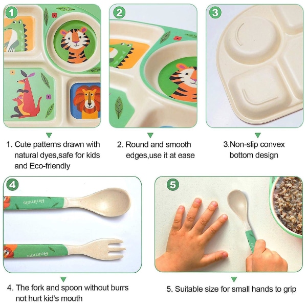 Bambus børneservicesæt, 5-delt børneservicesæt Tiger, tallerken, skål, ske, gaffel, kop, alder, genbrugsnaturmateriale Bpa fri