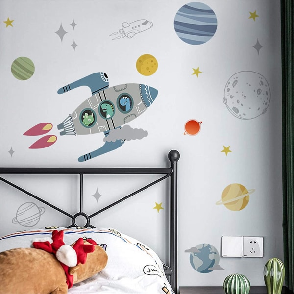 Klistremerker Søte tegneseriedinosaurer på rakettveggklistremerker Planeter verdensrommet Stjerner Gjør-det-selv avtagbar vinyl Store veggdekorer Kunstdekorasjoner Dekor for barn