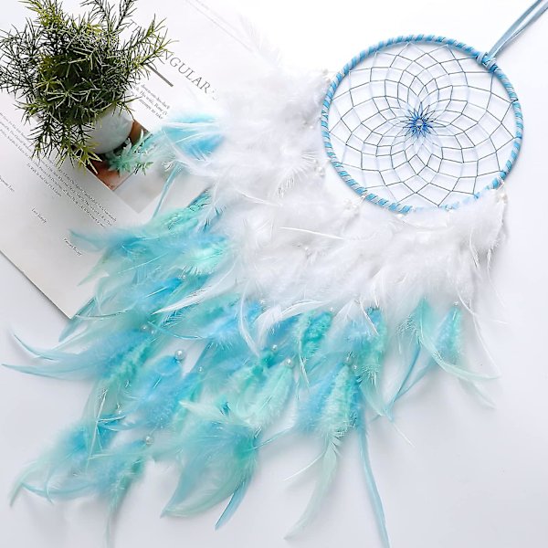 Blå och vita fjädrar drömfångare barn väggdekoration traditionell handgjord drömfångare rund mesh boho väggkonst för sovrum sovsal heminredning G