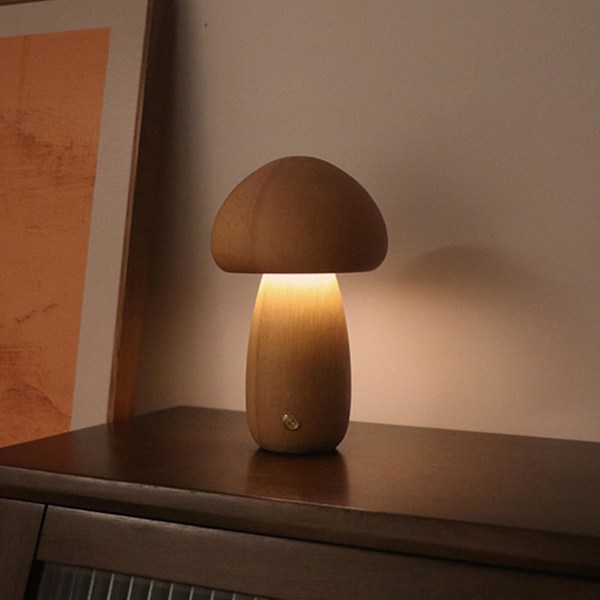 Svampe Lampe Genopladelig Bærbar Natlampe - Trælampe Soveværelse Sengelampe Beige