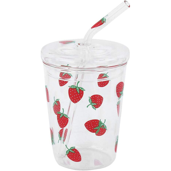 Glas Kopper Sugerør med Låg, 300ml Drikkekop Glas Vandflaske Genanvendelig Drikkevand Glas Kop til Kold Drik Kaffe