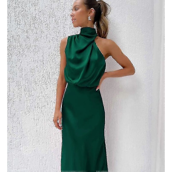 Sommerkjole i sateng for kvinner, uten ermer, plissert og lang Dark green M