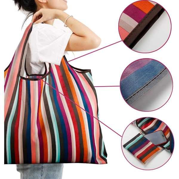 Genanvendelige indkøbsposer 2 pakker store nylon vaskbare sammenklappelige miljøvenlige heavy duty shopping tote taske passer i lommen ny regnbue