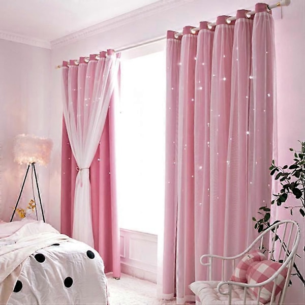 Tähtikuvioiset ikkunaverhot, pimennysverhot lapsille, tytöille, makuuhuoneeseen, olohuoneeseen, kaksikerroksiset tähtiverhot, kodin sisustus pink W100xH250cm