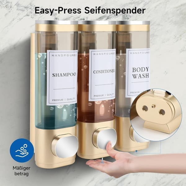 Sæbedispenser Vægmonteret - 3-Kammer Bruse Dispenser 300ml x3, til Shampoo & Sæbe Sølv Silver