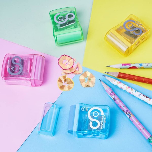Pennvässare, 4 st dubbelhåls pennvässare med behållare, manuella pennvässare och suddgummi med lock för barn, vuxna (slumpmässig färg)