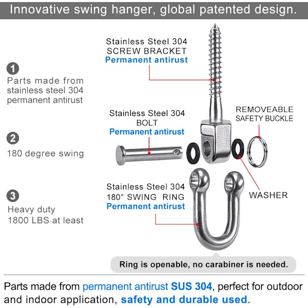 2 stk. Sving Takfeste Svingkrok Hengekøye Bolter 304 Rustfritt Stål Svingbolter Heavy Duty 800 kg Kapasitet for Yoga Hengekøye Boksesekk, Svingfeste