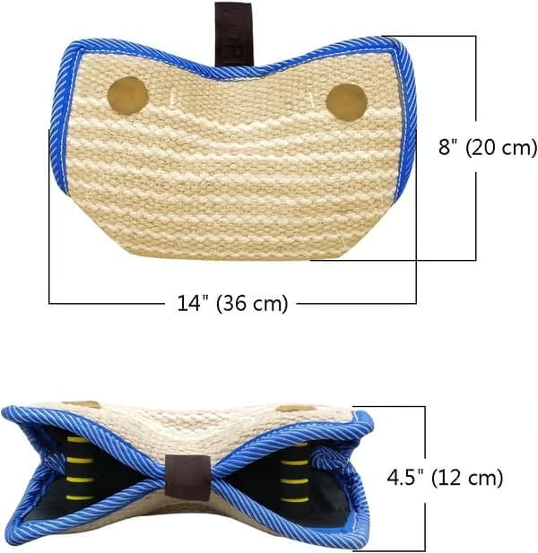 Bitepute i jute/lin, 2 håndtak + 1 ring, 35,5 cm og 20 cm for store hunder (schæfer/bully/pitbull/rottweiler)