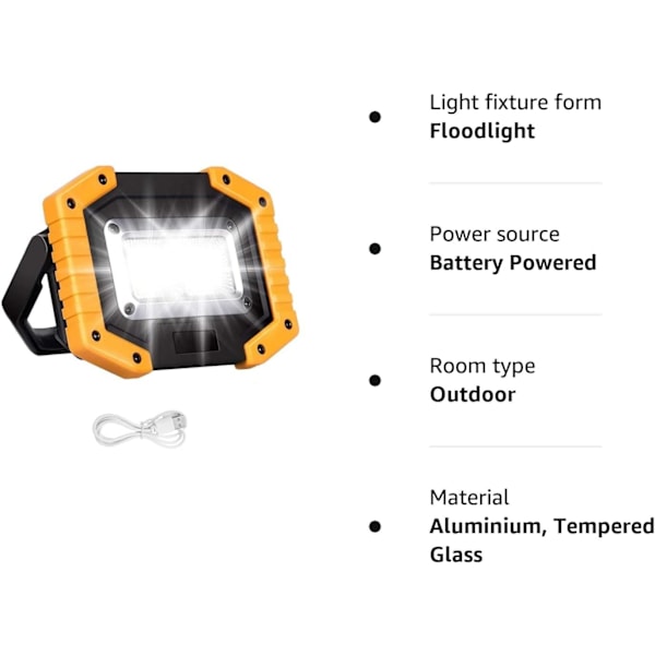 30W LED-arbetslampa, uppladdningsbar, bärbar COB-strålkastare, superljus 2000LM, batteridriven utomhusbelysning, USB, vattentät