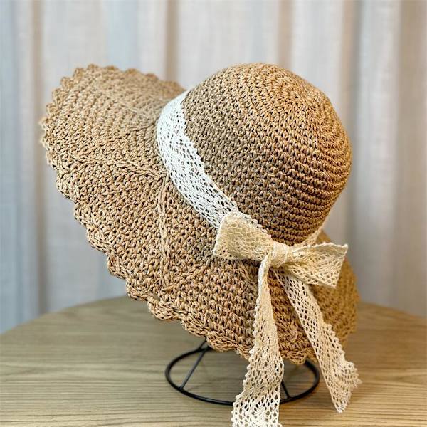 Floppy solhatt for barn - Pakkbar solhatt med visir - Foldbar sommerhatt for strand med blonder og sløyfe for småbarn og jenter