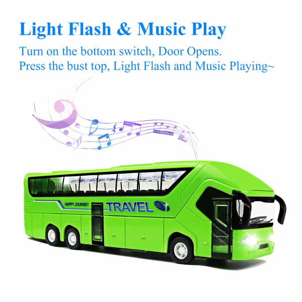 Leksaksbuss, stor formgjuten form i legering med ljus och musik / 1:50-skala Pull-Back-buss, busspresenter för pojkar, flickor, barn