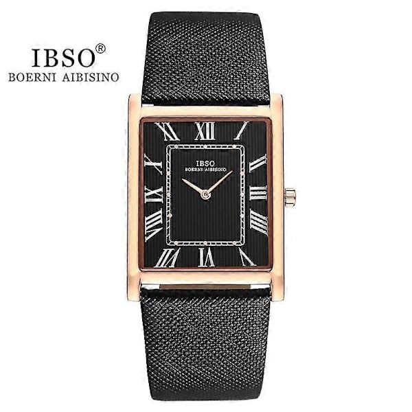 IBSO Ultratunn Rektangulär Urtavla Herr Quartz Klocka Lyxig Affärsstil Äkta Läderarmband Vattentät Nya Herrarmbandsur B2232B-BK-RG-BK