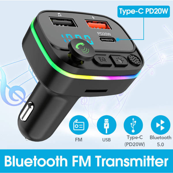 Bluetooth-adapterbil, sterkere mikrofon og basslyd MP3-musikkspiller, trådløs Bluetooth FM-sender Radiomottaker