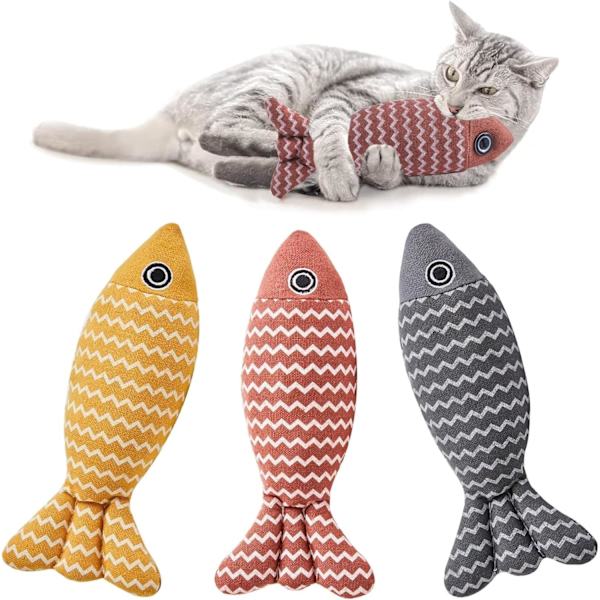 3 st kattmyntaleksaker, fiskleksaker för inomhuskatter vuxna, mjukt linne katttuggleksak, kattunge tandsprickningsleksak, 3 färger fiskformad