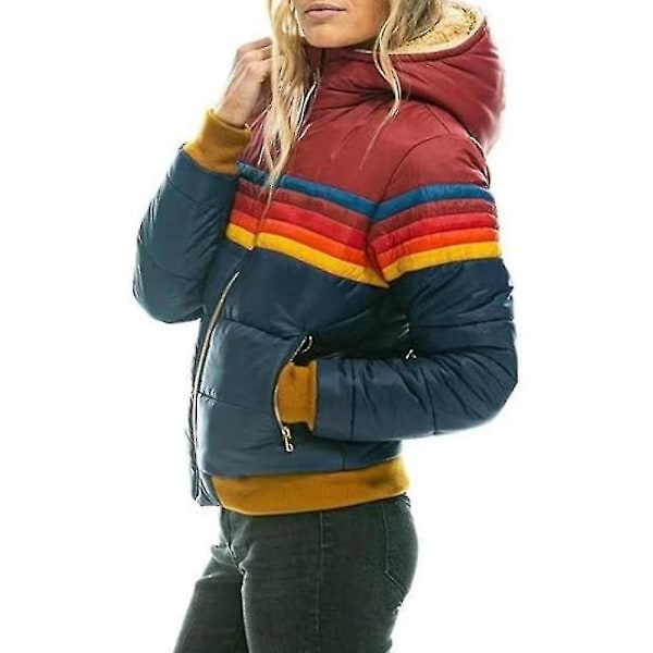Dame Regnbue Lynlås Vinter Dunjakke Casual Stribet Hætte Pufferjakke Navy XS