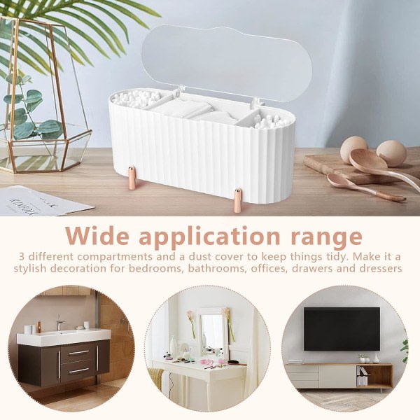 Makeup Organizer Förvaringsbehållare, ABS Hållare, 3 Fack Badrumsorganisatör Skönhet Makeup Organizer för Bomullspads, Bomullstops, Vit