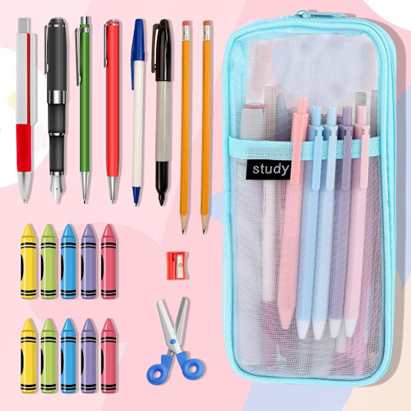 Gitternet Pencil Case Stor Kapacitet Blyantpose Transparent Makeup Pung Kosmetikpung til Studerende Skole College Kontor Blue