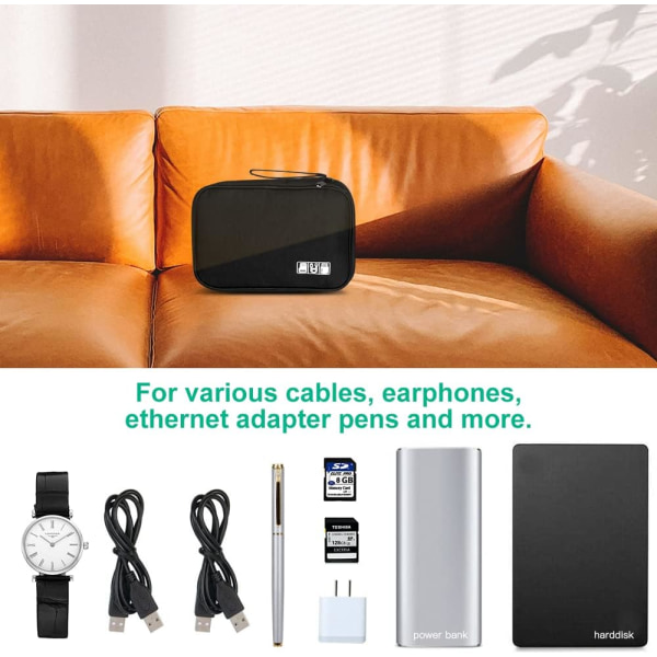 Elektronikktilbehør Organiseringsveske, Reisekabel Organizer Bag, Universal Carry Travel Gadget Bag for USB-kabelstasjon, SD-kort, Laderharddisk Black