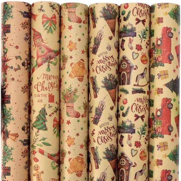 Julpapper för julklappar, 12 ark julpapper, Kraftpapper för julklappar, Återvunnet Kraftpapper för julklappar 70x50CM