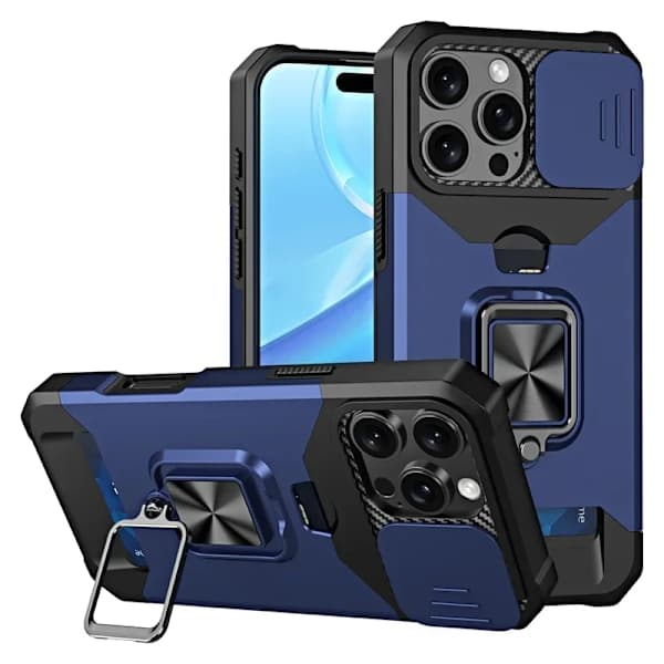 Kortplats Armor Funda för iPhone 16 15 Pro Max Plus Skjutbart Linsskydd Telefonfodral med Magnetisk Hållarring iPhone15 iPhone15