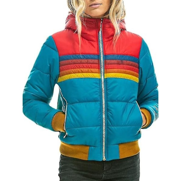 Dam Regnbåge Dragkedja Vinter Dun Vadderad Vardaglig Randig Jacka med Huva Blue XXXL
