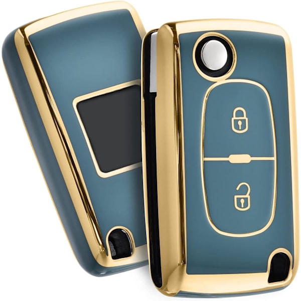 Bilnøgleetui, nøglecover til Peugeot 207 307 308 407 408 3008 5008 Citroen C2 C3 C4 C5 C6 C8 2 knapper nøgleetui tilbehør （Golden Edge Grey)