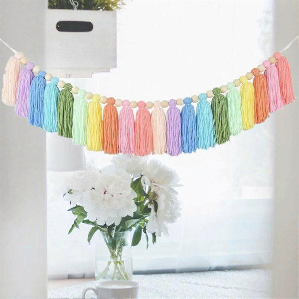Färgglatt Ulltofs Hänge Boho Stil Trähantverk För Babyrumsdekoration