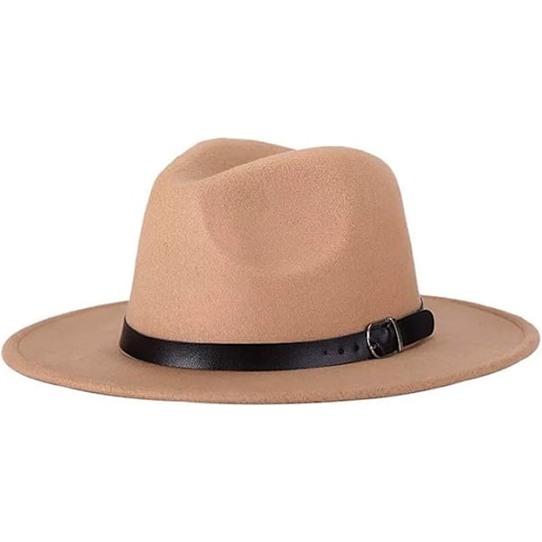 Classic Wide Brim Fedora Hat with Belt Buckle Felt Panama Hat for Women Men (Red)