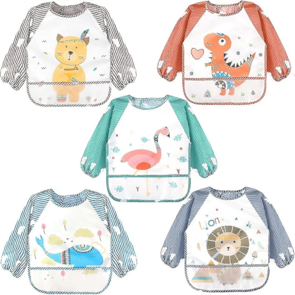 5-pak Lange Ærme Baby-Sutter, Vandafvisende Ærme-Sutter, Toddler Baby-Sutter Til 6-36 Måneder 5pcs-Bear-Di-Wh-Lion-F Tie Closure-6-36 months