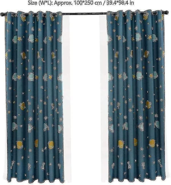 Nya 2-pack Blå Planet Gardiner, Mörkläggningsgardiner för Barn, Polyester Mörkläggningsgardiner Tecknade Blå Planeter Sovrumsgardiner för Sovrum, Barn