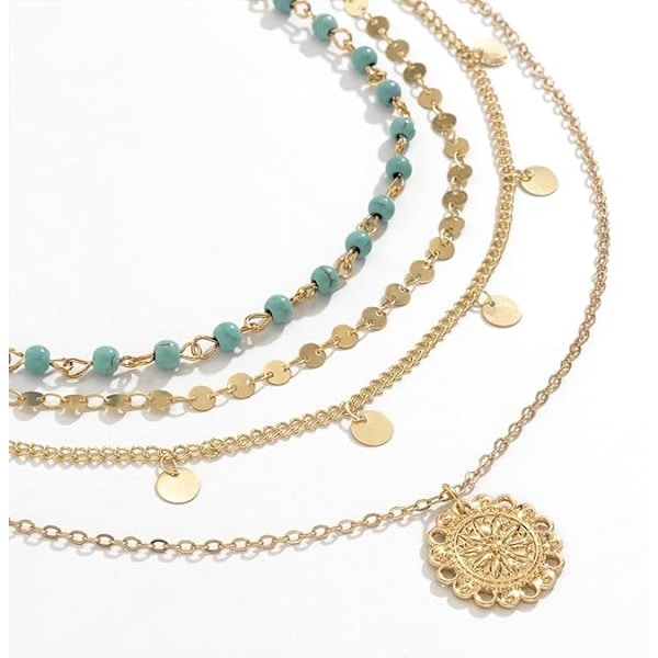 Flerskiktade Boho-halsband för kvinnor Trendiga guldpläterade flerskiktade halsband Stack Bohemian Turkos Pärlhalsband